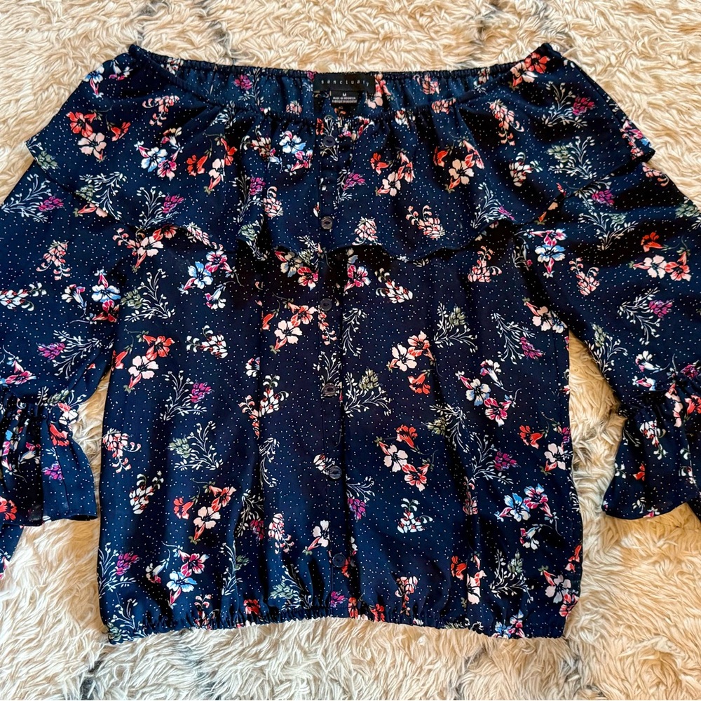 Sanctuary Floral Off-Shoulder Blouse - Navy and Pink